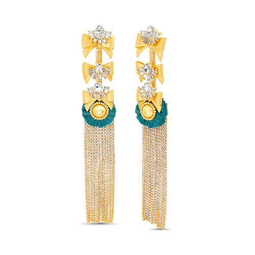 Endearing Bow Fringe Earrings with Raffia Accents Front Endearing Bow Fringe Earrings with Raffia Accents Front