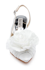 White | Blaire Pleated Satin Slingback Heels with Floral Detail Front