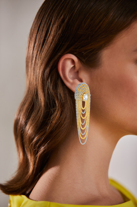 Gold | Ball Chain Waterfall Earrings with Crystal Accent