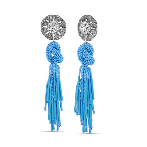 Blue | Seed Bead Earrings with Knotted Tassel