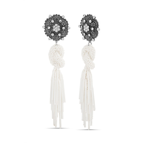 White | Intricate Post Earrings with Knotted Seed Bead Tassel White | Intricate Post Earrings with Knotted Seed Bead Tassel