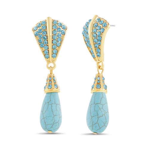 Gold | Blue Stones and Turquoise-Style Teardrop Pendant Earrings Gold | Blue Stones and Turquoise-Style Teardrop Pendant Earrings