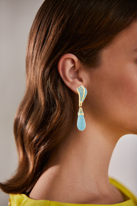Gold | Blue Stones and Turquoise-Style Teardrop Pendant Earrings Model