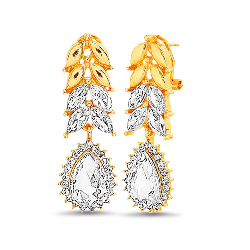 Gold | Metal and Stone Leaf Drop Earrings