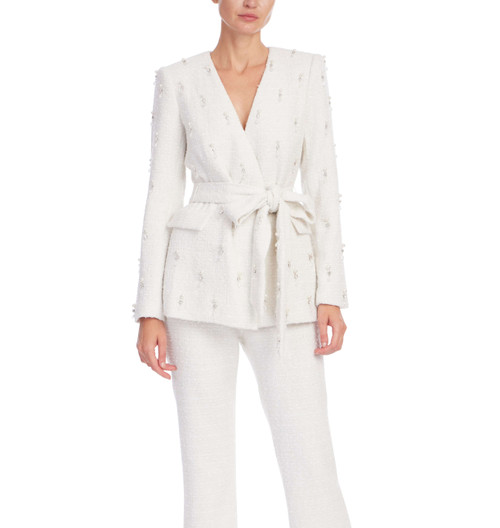 Ivory | Tweed Beaded Tie Waist Jacket Front Ivory | Tweed Beaded Tie Waist Jacket Front