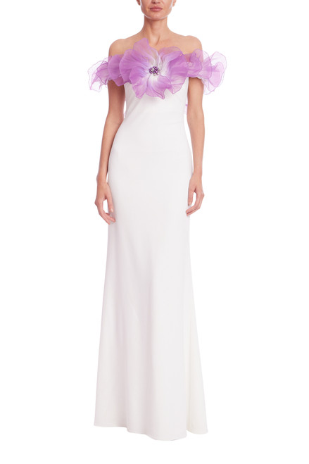 Ivory Multi | Off the Shoulder 3D Floral Gown Front Ivory Multi | Off the Shoulder 3D Floral Gown Front