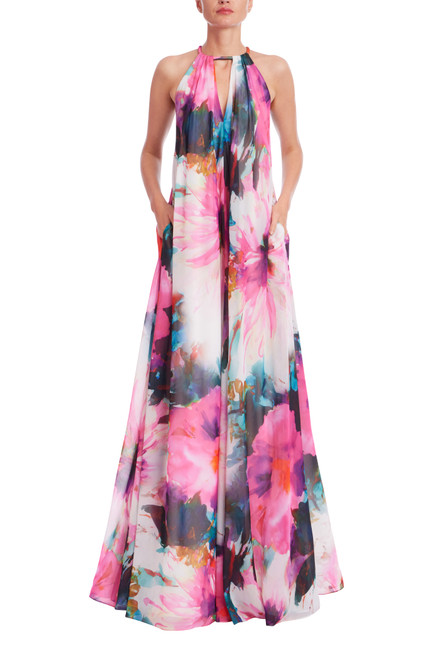 Fuchsia Multi | Racerback Printed Trapeze Gown Front Fuchsia Multi | Racerback Printed Trapeze Gown Front