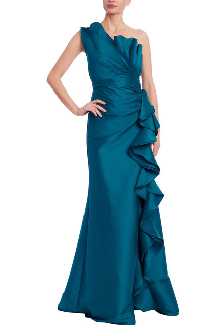 Peacock | Cascade Ruffle One-Shoulder Mikado Gown Front Peacock | Cascade Ruffle One-Shoulder Mikado Gown Front