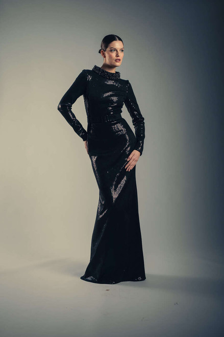Black | Black Sequin Mock Neck Mermaid Gown Runway