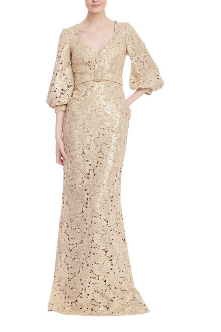Gold | Gold Embroidered Lace Puff Sleeve Gown Front Gold | Gold Embroidered Lace Puff Sleeve Gown Front