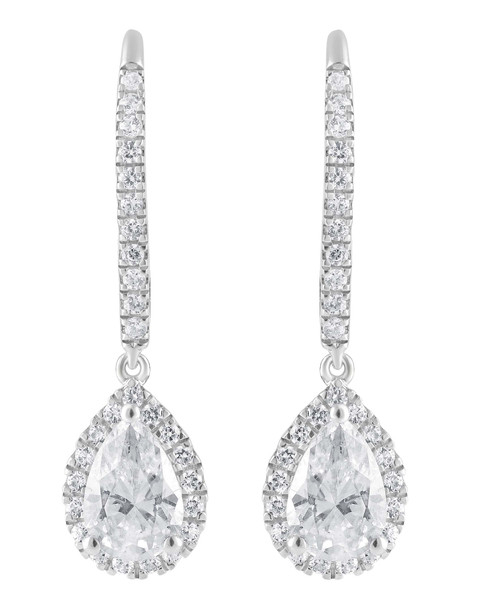 White Gold | Diamond Halo Pear Drop Earrings Front White Gold | Diamond Halo Pear Drop Earrings Front