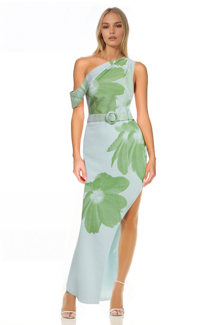 Green Multi | Elena Draped One Shoulder Sheath Gown Front Green Multi | Elena Draped One Shoulder Sheath Gown Front