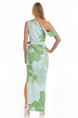 Green Multi | Elena Draped One Shoulder Sheath Gown Back