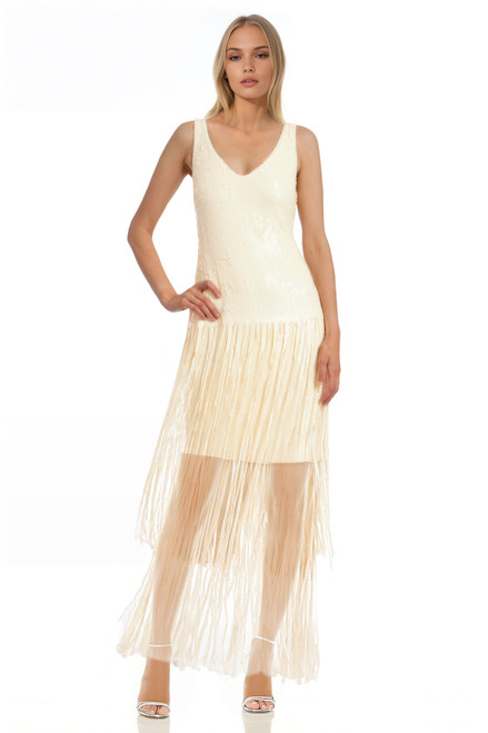 Buttercream | Emilia Tiered Sequin Fringe V-Neck Dress Front Buttercream | Emilia Tiered Sequin Fringe V-Neck Dress Front