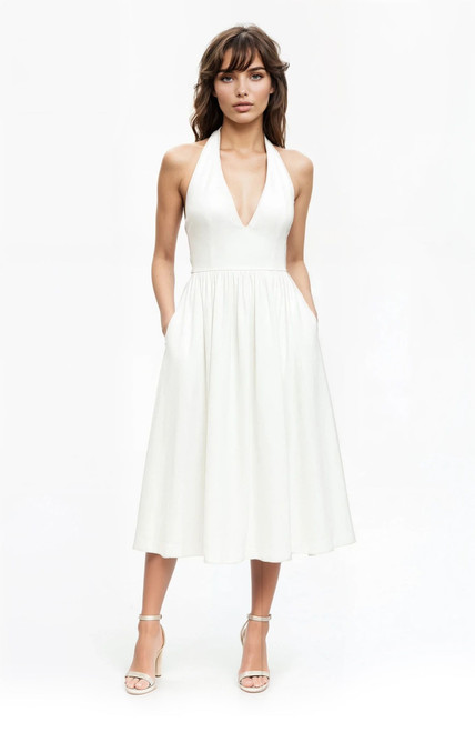 White | Justine Halter Neck Midi Dress Front White | Justine Halter Neck Midi Dress Front