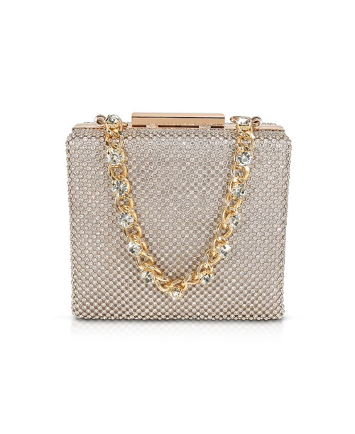 Gold | Katie Crystal Mini Box Clutch with Rhinestone Inset Chain Gold | Katie Crystal Mini Box Clutch with Rhinestone Inset Chain