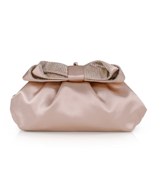 Champagne | Posey Satin Bow Pouch Clutch Front Champagne | Posey Satin Bow Pouch Clutch Front