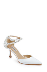 White | Venue Pointed Toe Pumps with Beaded Ankle Cross Straps Front Side
