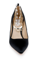 Black | Verna Satin Pointed Toe Pumps with Pearl Chain Ankle Strap Front