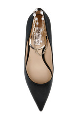 Black | Verna Satin Pointed Toe Pumps with Pearl Chain Ankle Strap Top