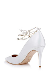 White | Verna Satin Pointed Toe Pumps with Pearl Chain Ankle Strap Back Side