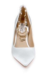 White | Verna Satin Pointed Toe Pumps with Pearl Chain Ankle Strap Front
