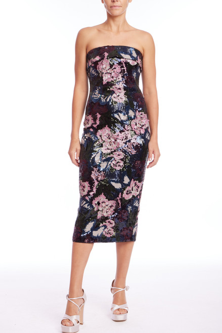 Navy Multi | Strapless Beaded and Sequin Floral Midi Dress Front