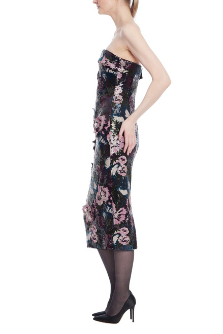 Navy Multi | Strapless Beaded and Sequin Floral Midi Dress Side