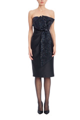 Black | Black Strapless Midi Sheath with Sequin Bow Detail Front